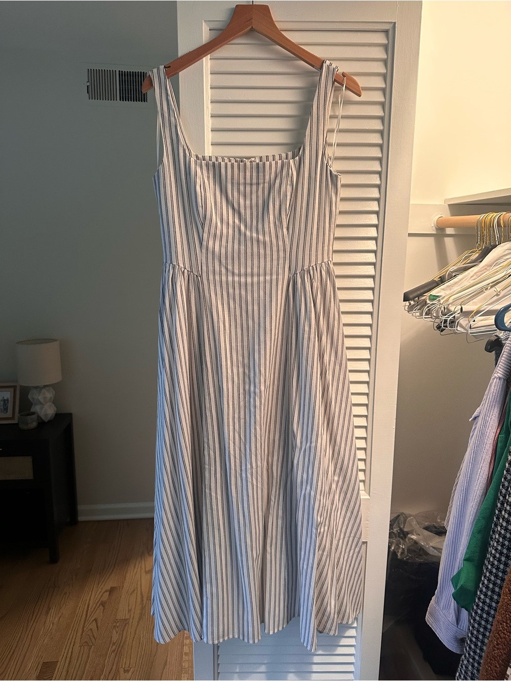 Wayf Blue and White Striped Sleeveless Midi Dress